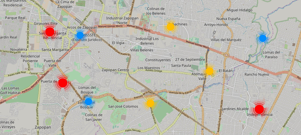 Tiendas Oxxo en Guadalajara señaladas en el mapa